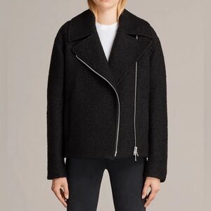 All Saints Remi Pea Coat Style Off Center Zip Oversized Wool Blend Moto Jacket